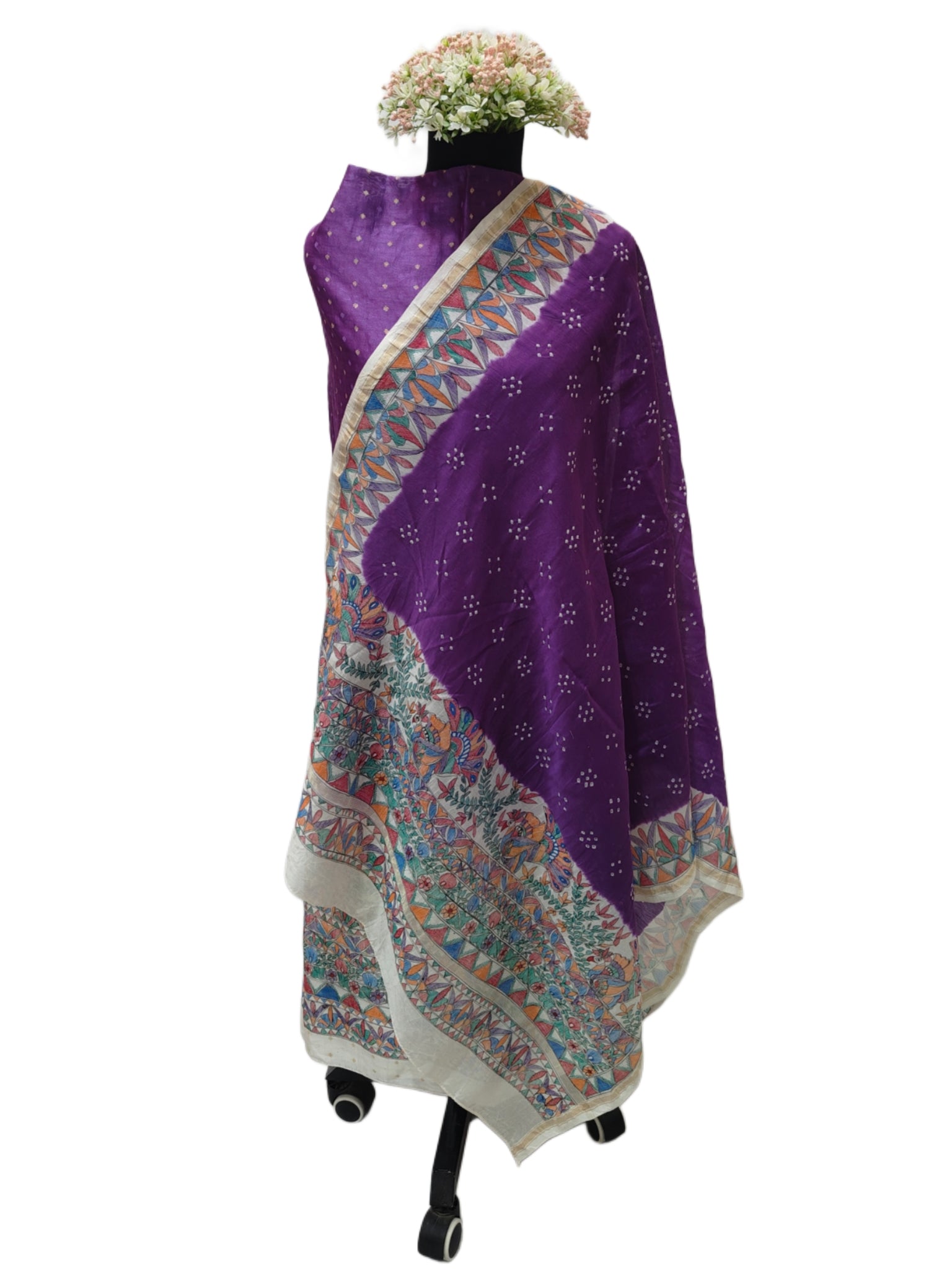Hand-painted Madhubani with Bandhani - Unstitched Suit Set on Chanderi - Purple
